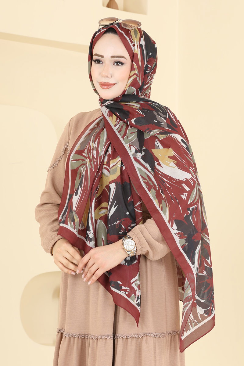 Yaprak Desenli Soft Şal Serisi 003AFV475 Bordo&Siyah