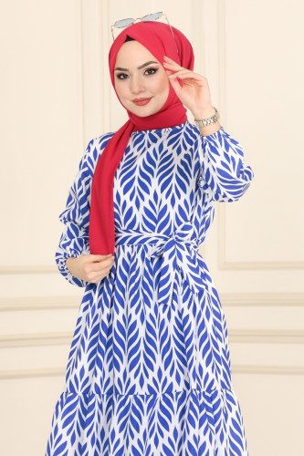 moda selvim Yaprak Desenli Terikoton Elbise 440BRZ597 Saks - Thumbnail