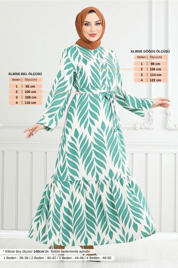 Modaselvim SEPETTE NET %20+%20 İNDİRİM Yaprak Desenli Tesettür Elbise 827OZR1047-M Mint
