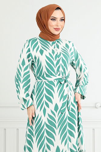 moda selvim Yaprak Desenli Tesettür Elbise 827OZR1047-M Mint - Thumbnail