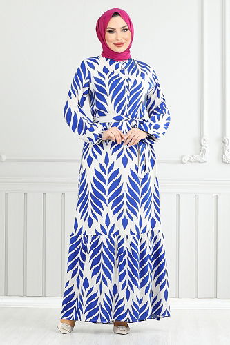 moda selvim Yaprak Desenli Tesettür Elbise 827OZR1047-M Saks - Thumbnail