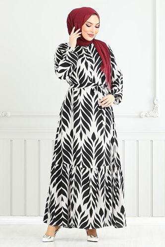 moda selvim Yaprak Desenli Tesettür Elbise 827OZR1047-M Siyah - Thumbnail