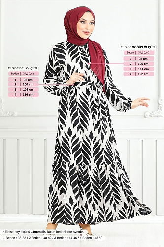 moda selvim Yaprak Desenli Tesettür Elbise 827OZR1047-M Siyah - Thumbnail