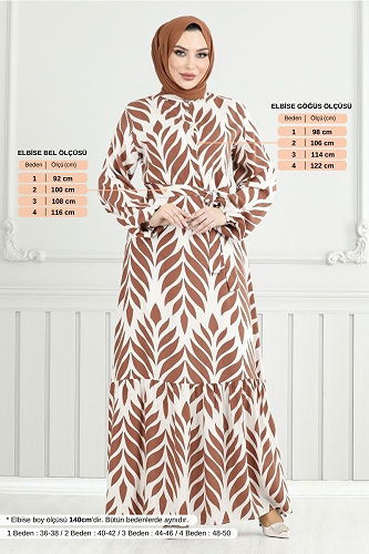moda selvim Yaprak Desenli Tesettür Elbise 827OZR1047-M Taba - Thumbnail
