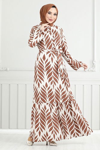 moda selvim Yaprak Desenli Tesettür Elbise 827OZR1047-M Taba - Thumbnail