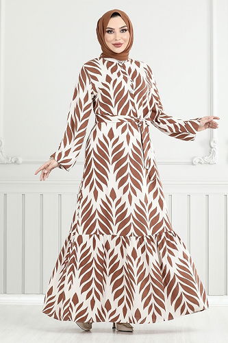 moda selvim Yaprak Desenli Tesettür Elbise 827OZR1047-M Taba - Thumbnail