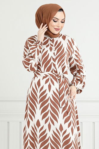 moda selvim Yaprak Desenli Tesettür Elbise 827OZR1047-M Taba - Thumbnail