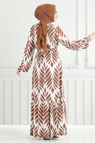moda selvim Yaprak Desenli Tesettür Elbise 827OZR1047-M Taba - Thumbnail
