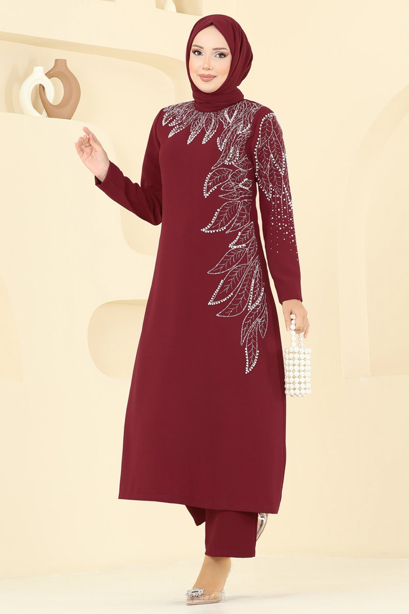 Yaprak Detay Taşlı Takım 8098ABK1075 Bordo
