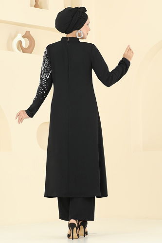 moda selvim Yaprak Detay Taşlı Takım 8098ABK1075 Siyah - Thumbnail