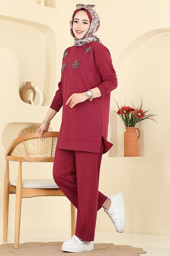 moda selvim Yaprak İşlemeli Pantolonlu Takım 213OZN1046 Bordo - Thumbnail