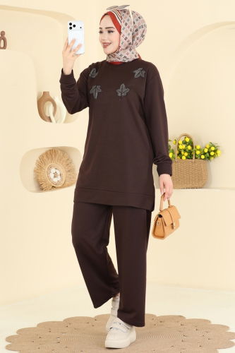 O.Z.N. - Yaprak İşlemeli Pantolonlu Takım 213OZN1046 Kahve