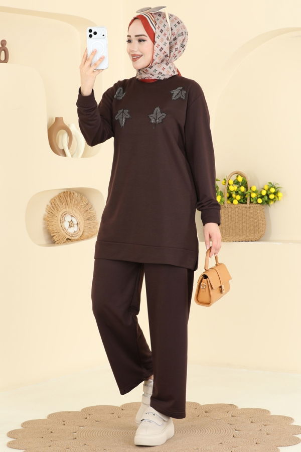 Modaselvim Kombin Yaprak İşlemeli Pantolonlu Takım 213OZN1046 Kahve