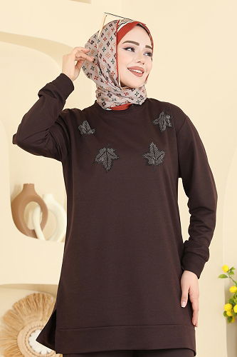 moda selvim Yaprak İşlemeli Pantolonlu Takım 213OZN1046 Kahve - Thumbnail