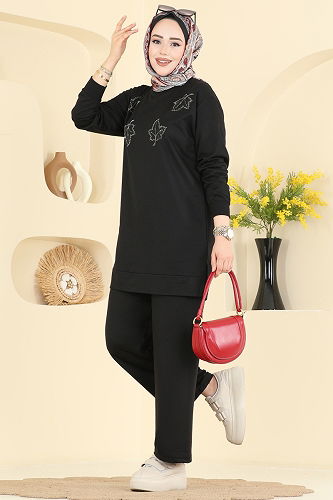moda selvim Yaprak İşlemeli Pantolonlu Takım 213OZN1046 Siyah - Thumbnail
