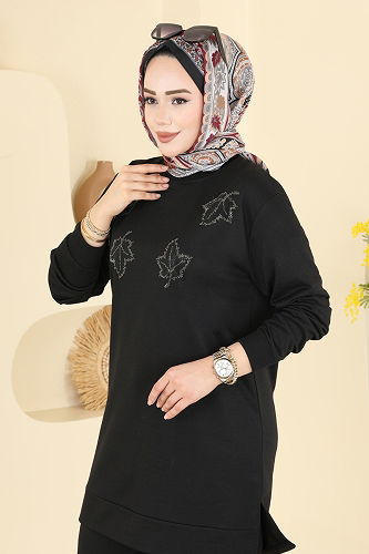 moda selvim Yaprak İşlemeli Pantolonlu Takım 213OZN1046 Siyah - Thumbnail