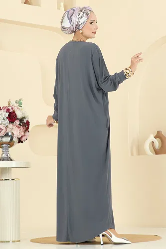 moda selvim Yarasa Kol Detaylı Elbise 5011ERK1158 Antrasit - Thumbnail