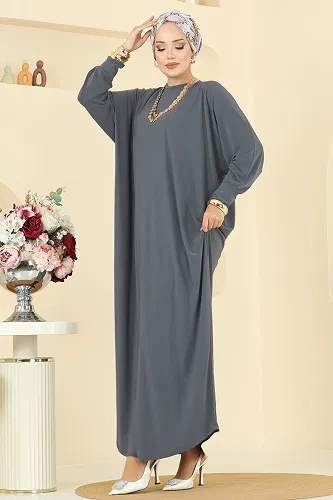moda selvim Yarasa Kol Detaylı Elbise 5011ERK1158 Antrasit - Thumbnail