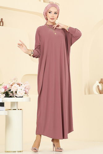 moda selvim Yarasa Kol Detaylı Elbise 5011ERK1158 Gül Kurusu - Thumbnail