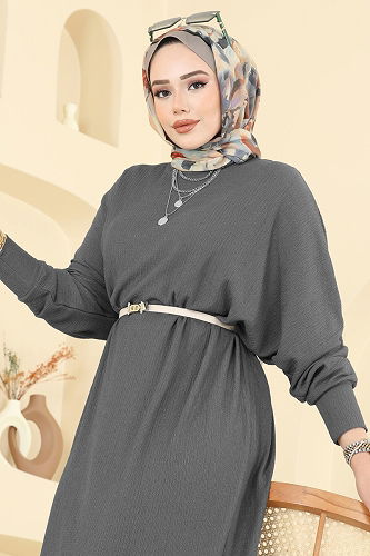 moda selvim Yarasa Kollu Bürümcük Elbise 2000ERK1158 Gri - Thumbnail