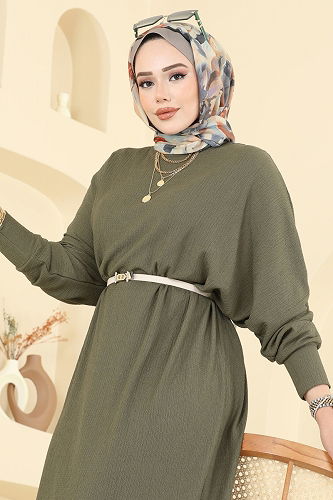 moda selvim Yarasa Kollu Bürümcük Elbise 2000ERK1158 Haki - Thumbnail