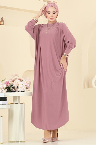 moda selvim Yarasa Kollu Sandy Elbise 4099ZNNK1102 Açık Gül Kurusu - Thumbnail