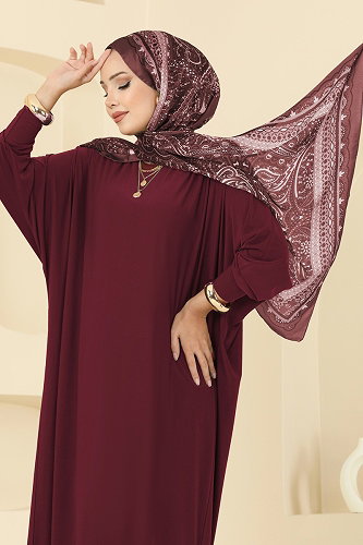 moda selvim Yarasa Kollu Sandy Elbise 4099ZNNK1102 Bordo - Thumbnail