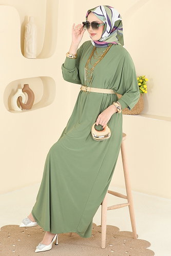 moda selvim Yarasa Kollu Sandy Elbise 4099ZNNK1102 Çağla - Thumbnail