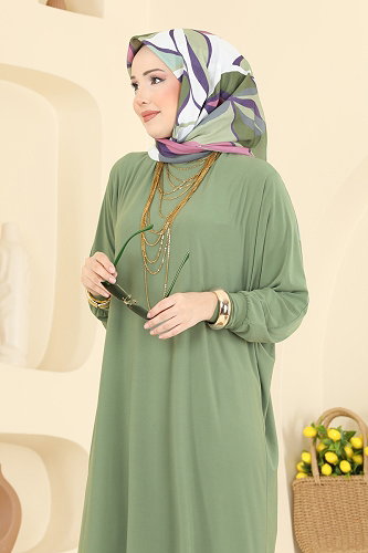 moda selvim Yarasa Kollu Sandy Elbise 4099ZNNK1102 Çağla - Thumbnail