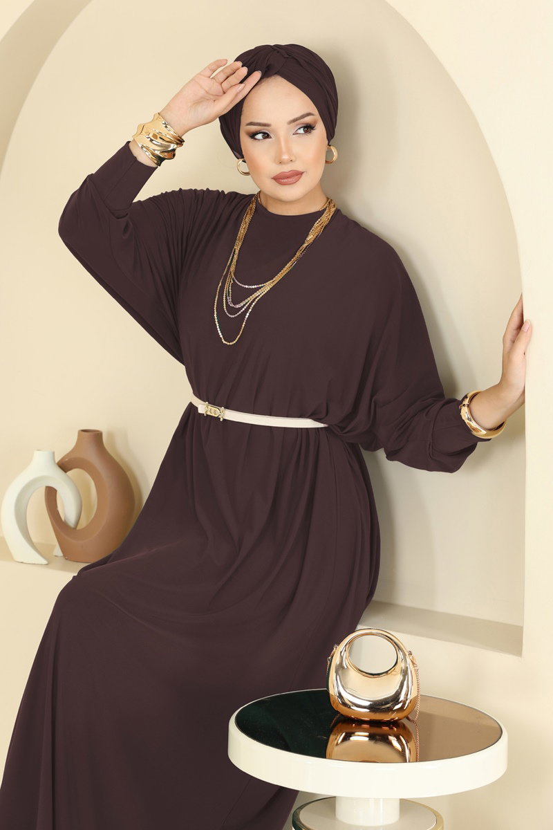 Yarasa Kollu Sandy Elbise 4099ZNNK1102 Kahve - Moda Selvim
