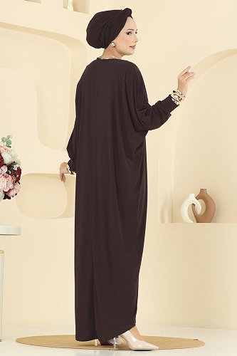 moda selvim Yarasa Kollu Sandy Elbise 4099ZNNK1102 Kahve - Thumbnail