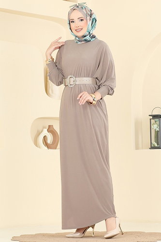 moda selvim Yarasa Kollu Sandy Elbise 4099ZNNK1102 Koyu Taş - Thumbnail