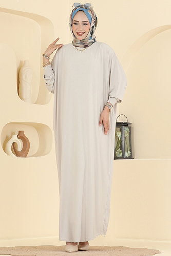 moda selvim Yarasa Kollu Sandy Elbise 4099ZNNK1102 Taş - Thumbnail