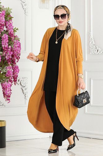 moda selvim Yarasa Kollu Üçlü Takım 2001EFY843 Hardal&Siyah - Thumbnail