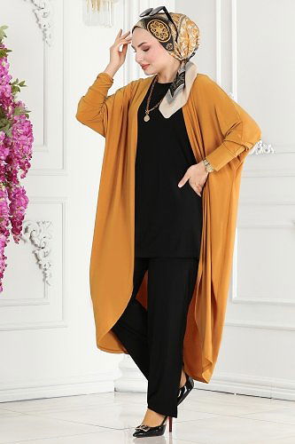 moda selvim Yarasa Kollu Üçlü Takım 2001EFY843 Hardal&Siyah - Thumbnail