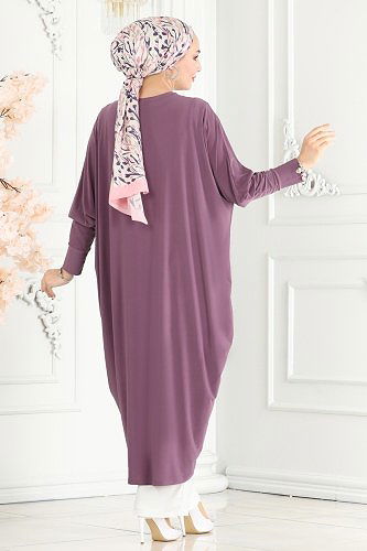 moda selvim Yarasa Kollu Üçlü Takım 2001EFY843 Koyu Lila&Ekru - Thumbnail