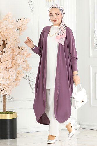 moda selvim Yarasa Kollu Üçlü Takım 2001EFY843 Koyu Lila&Ekru - Thumbnail