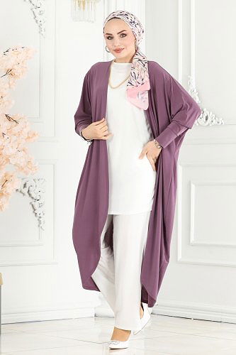 moda selvim Yarasa Kollu Üçlü Takım 2001EFY843 Koyu Lila&Ekru - Thumbnail