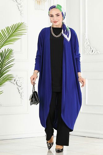 moda selvim Yarasa Kollu Üçlü Takım 2001EFY843 Saks&Siyah - Thumbnail