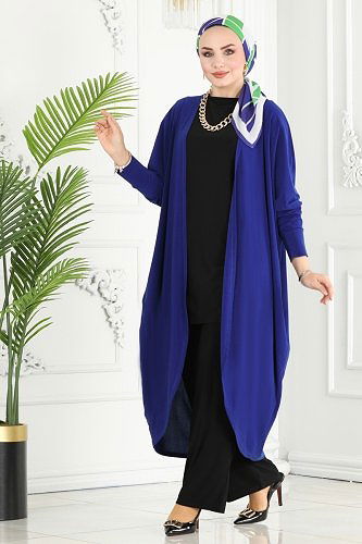 moda selvim Yarasa Kollu Üçlü Takım 2001EFY843 Saks&Siyah - Thumbnail