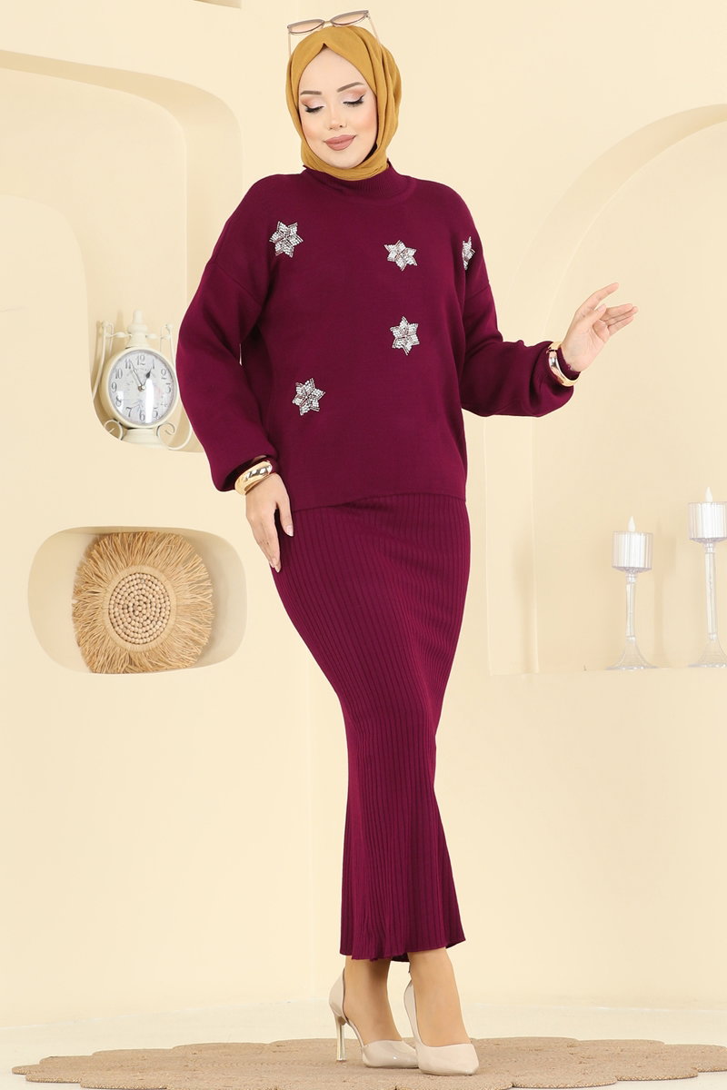 Yarım Boğaz Elbiseli Takım 1009MT581 Bordo