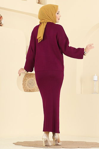 moda selvim Yarım Boğaz Elbiseli Takım 1009MT581 Bordo - Thumbnail
