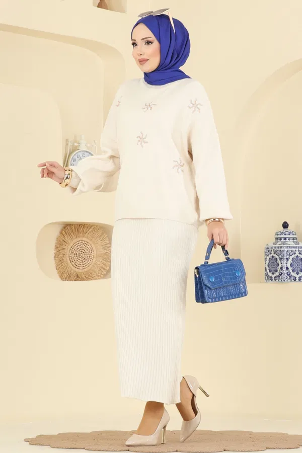 Modaselvim Kombin Yarım Boğaz Elbiseli Takım 1009MT581 Taş