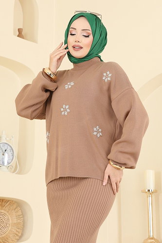 moda selvim Yarım Boğaz Elbiseli Takım 1009MT581 Vizyon - Thumbnail