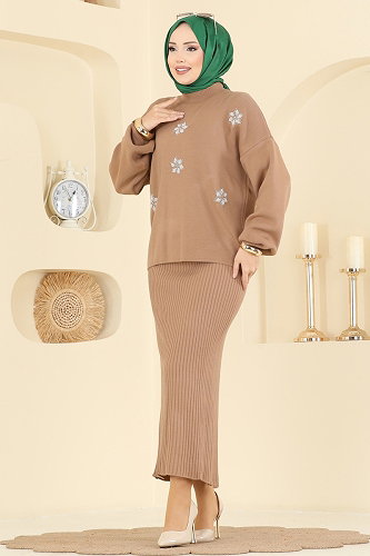 moda selvim Yarım Boğaz Elbiseli Takım 1009MT581 Vizyon - Thumbnail