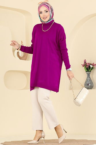 moda selvim Yarım Boğazlı Triko Tunik 1047KLN570 Fuşya - Thumbnail