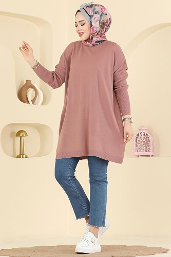 moda selvim Yarım Boğazlı Triko Tunik 1047KLN570 Gül Kurusu - Thumbnail