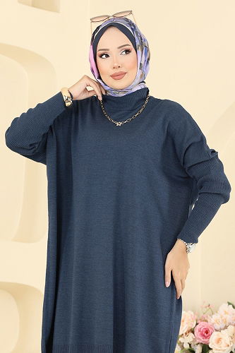 moda selvim Yarım Boğazlı Triko Tunik 1047KLN570 İndigo - Thumbnail