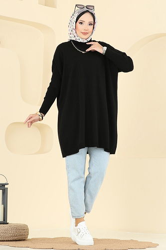 moda selvim Yarım Boğazlı Triko Tunik 1047KLN570 Siyah - Thumbnail