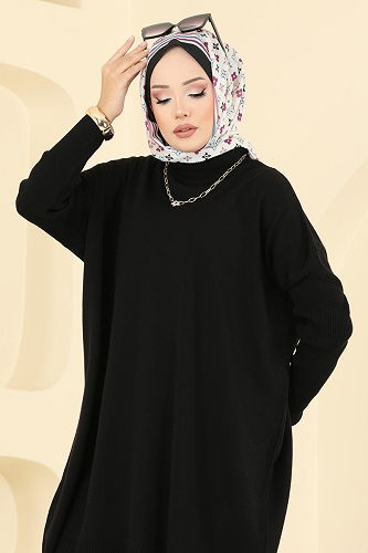 moda selvim Yarım Boğazlı Triko Tunik 1047KLN570 Siyah - Thumbnail